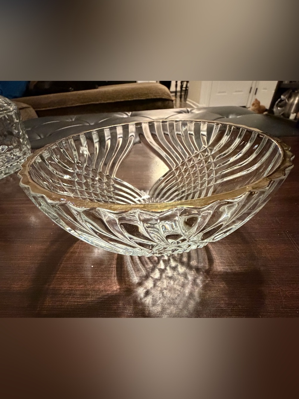 Vintage Crystal Clear Cut Glass Decorative Bowl with Gold Rim